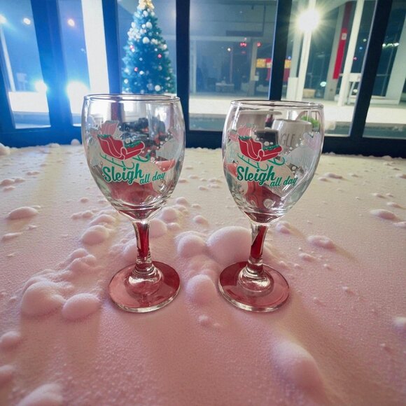 Sleigh All Day Stem Goblets 7"-Set of 2- Snow- Sleigh- Sparkly Snow-Christmas - Picture 2 of 4